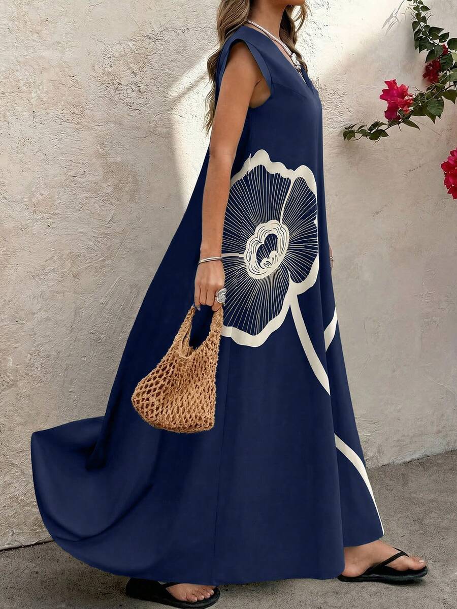 SHEIN LUNE 大码女式碎花V领休闲派对连衣裙 - 彩色 - 查看 1