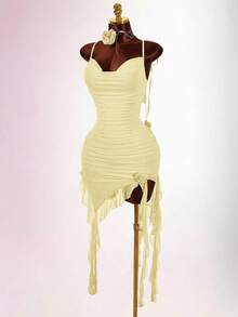 Amplova Women's Mid-Length Dress,Pale Yellow,Summer,Seductive,Photo Shoot,Draped Collar,Drawstring,Ruffle Trim Hem,Spaghetti Strap,Backless,Floral Decor, - Light Yellow - View 8
