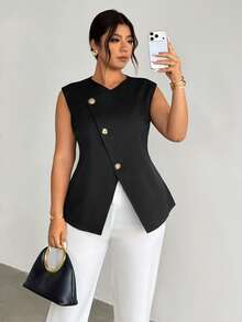 Firerie Plus Size Solid V-Neck Button Front Sleeveless Casual Blazer - Black - View 6