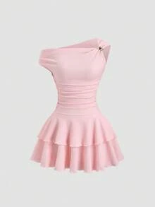 Sweetra French Elegant Asymmetric Shoulder Design Metal Button Accent Textured Knit Dual-Layer Asymmetrical Hem Dress, Fashionable Minimalist Romantic Style For Summer Holiday Party, Young Lady - Pink - View 3