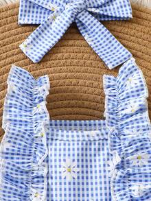 SHEIN Newborn Baby Girls' Summer Dress In Dusty Blue,Cute Floral Gingham Plaid Knit Outfit,Ruffle Hem Sleeveless Waisted Dress Headband Set Vacation Cute - Multicolor - View 11