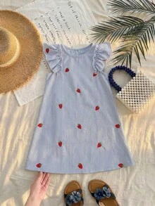 Emery Rose Kids Emery Rose Kids 女童圆领短袖荷叶边草莓刺绣休闲连衣裙，夏季女童草莓连衣裙，女童夏季连衣裙，女童草莓连衣裙，条纹草莓连衣裙，荷叶边袖连衣裙，女童夏季连衣裙，白色连衣裙，波西米亚风女童/女婴条纹草莓印花荷叶边袖连衣裙，女童条纹连衣裙，女童休闲夏季连衣裙，小女孩夏季连衣裙，女童度假连衣裙 - 白色 - 查看 3