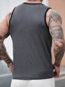 Manfinity Homme 男士无袖背心，半开襟纽扣设计，修身版型，黑灰条纹提花背心 - 深灰色 - 查看 2