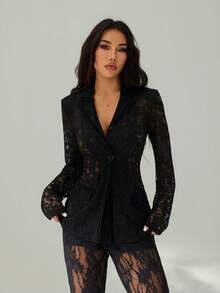 SHEIN PETITE 秋季女装、通勤时尚、秋季女装、秋季必备单品、女士翻领、长袖蕾丝透视修身款、优雅黑色西装外套、女士蕾丝夹克、女士黑色西装外套 - 黑色 - 查看 3