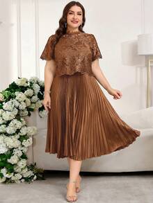 Reflora Vestido elegante de talla grande para mujer con parches, bordados y malla, con dobladillo plisado - Óxido marrón - Ver 11