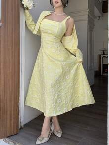 Modelyn Petite Elegant Yellow Jacquard Dress & Jacket Set For Outing - Yellow - View 6