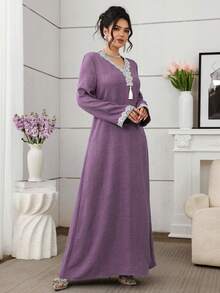 Al Najma Embroidered Loose Elegant Long Sleeve Turkish & Arabic Traditional Maxi Dress For Women - Purple - View 3