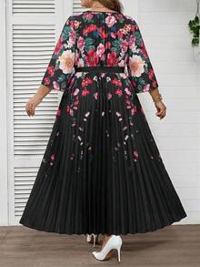 SHEIN CURVE+ 女款大尺碼優雅黑色秋季正式晚宴婚禮賓客印花百褶長洋裝，海邊度假穿搭，適合下午茶派對與畢業典禮 - 黑色 - 查看 2