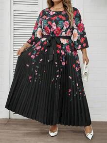 SHEIN CURVE+ 女款大尺碼優雅黑色秋季正式晚宴婚禮賓客印花百褶長洋裝，海邊度假穿搭，適合下午茶派對與畢業典禮 - 黑色 - 查看 6