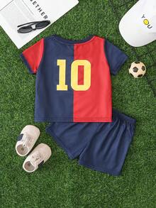 Cozy Pixies Set de 2 piezas de ropa casual deportiva de verano para niño bebé, con parte superior de cuello redondo de manga corta en tela de malla de punto suave con bloques de color y pantalones cortos de cintura elástica, adecuado para uso casual, deportes, parque infantil, fiestas, vacaciones - Multicolor - Ver 2