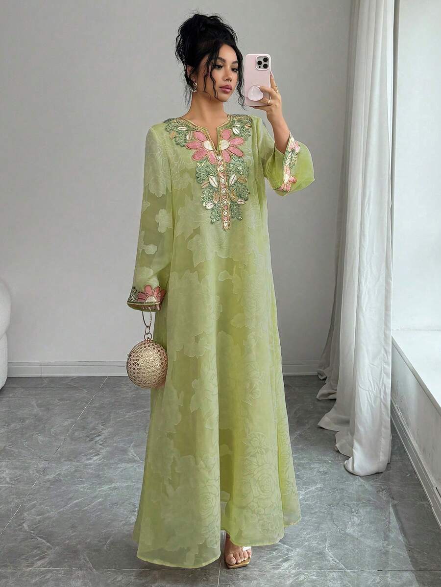 Yasmyna Đầm dài tay dáng rộng, thanh lịch, lãng mạn kiểu Thổ Nhĩ Kỳ - Ả Rập dành cho nữ, chất liệu chiffon jacquard. - màu xanh lá - Xem 1