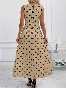 SHEIN Clasi 女士印花圆领腰带口袋无袖宽松休闲波点连衣裙，夏季波点连衣裙，女士休闲连衣裙，女士夏季连衣裙，女士波点连衣裙 - 駝色 - 查看 2