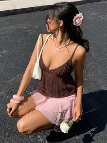 MainGRL 女士休闲咖啡棕色绗缝吊带背心，适合度假和情人节穿着 - 咖啡棕 - 查看 4