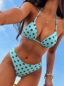 Swim Mod 2026春夏女式吊带露背黑色底白色波点随机印花甜美可爱侧开衩比基尼泳衣两件套 - 彩色 - 查看 1