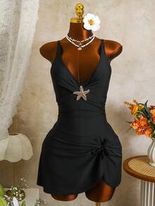 Zestiva Women's Solid Color Wide Strap Buckle Starfish Decor Elegant Swimsuit Skirt,Summer Black Tropical Beach Holiday Vacation Outfit Dress Sets Holiday - Black - View 4