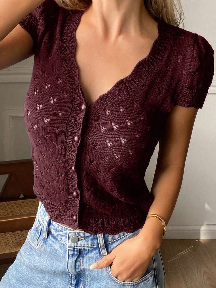 Women's Solid Color Hollow V-Neck Short Sleeve Elegant Vacation Cardigan, Spring/Autumn