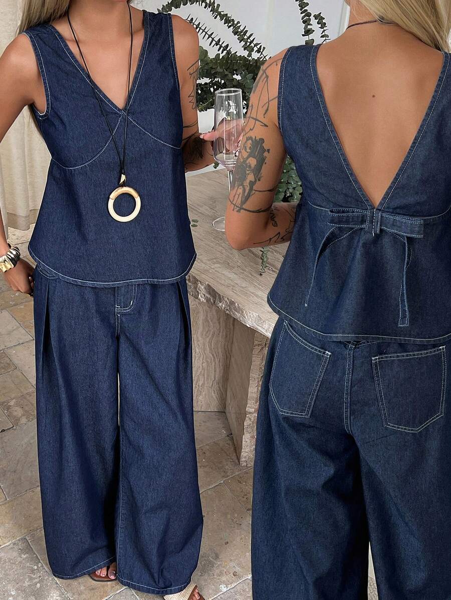 DAZY Women's V-Neck Sleeveless Tank Top And Loose Wide-Leg Jeans Casual Vacation Suit - Dark Wash - View 1