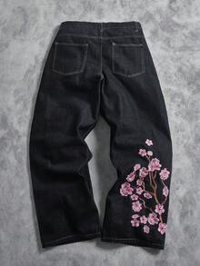 Manfinity ZONE917 休闲时尚桃花刺绣设计宽松阔腿牛仔裤 - 黑色 - 查看 2