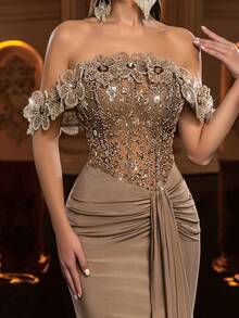 Glamrae 优雅奢华的串珠亮片花卉露肩褶皱鱼尾弹力针织泳装连衣裙，适合婚礼、派对、节日、晚宴（装饰繁复） - 咖啡棕 - 查看 1