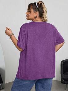 SHEIN CURVE+ 大码女式纯色系带褶皱休闲百搭日常T恤 - 紫色 - 查看 2