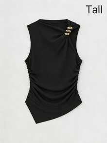 Franclia Tall 女士时尚高挑无袖背心，金属装饰，不对称下摆，褶皱腰身，夏季 - 黑色 - 查看 3