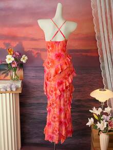 Bellisia Đầm nữ mùa hè đi biển in hoa, xếp lớp, bèo nhún, lưng chéo. - trái cam - Xem 2