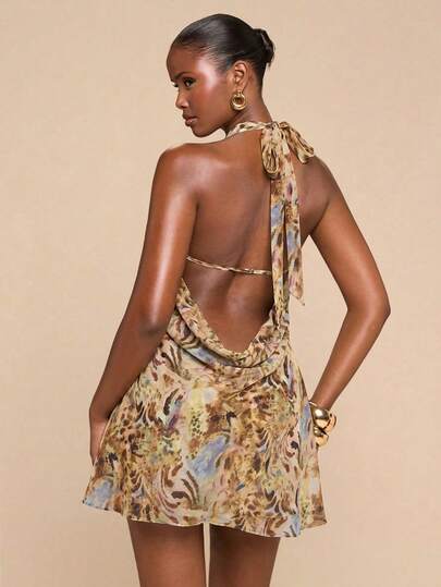 SHEIN BAE 春夏动物纹雪纺垂褶领口荷叶边露背性感优雅长裙，适合海滩度假，印花长裙，沙滩长裙，露背连衣裙