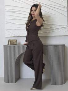 Jemour 1 Conjunto de chaleco de un solo pecho de unicolor, pantalones de pierna ancha plisados - Marrón - Ver 4