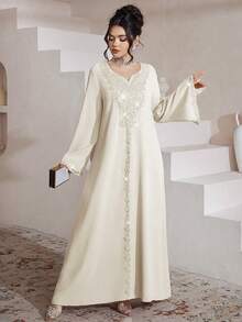 Al Najma Luxurious Embroidered & Beaded Loose Long Sleeve Split Maxi Dress, Turkish & Arabic Traditional Style - Apricot - View 7