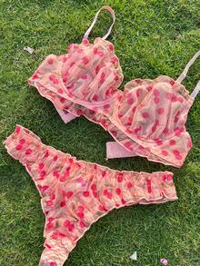 2 件套女士性感内衣：粉色牡丹印花网眼褶皱钢圈性感文胸搭配褶皱丁字裤性感内裤，可爱 - 粉色 - 查看 4