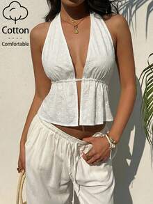 Aloruh Blouse décontractée de vacances pour femmes avec broderie œillet, Top de plage, Top d'été/Débardeur dos nu sexy - Blanc - Voir 8