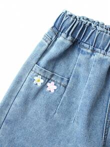 女婴可爱花卉刺绣松紧腰宽松阔腿蓝色牛仔裤，春夏款 - 淺色水洗藍 - 查看 4