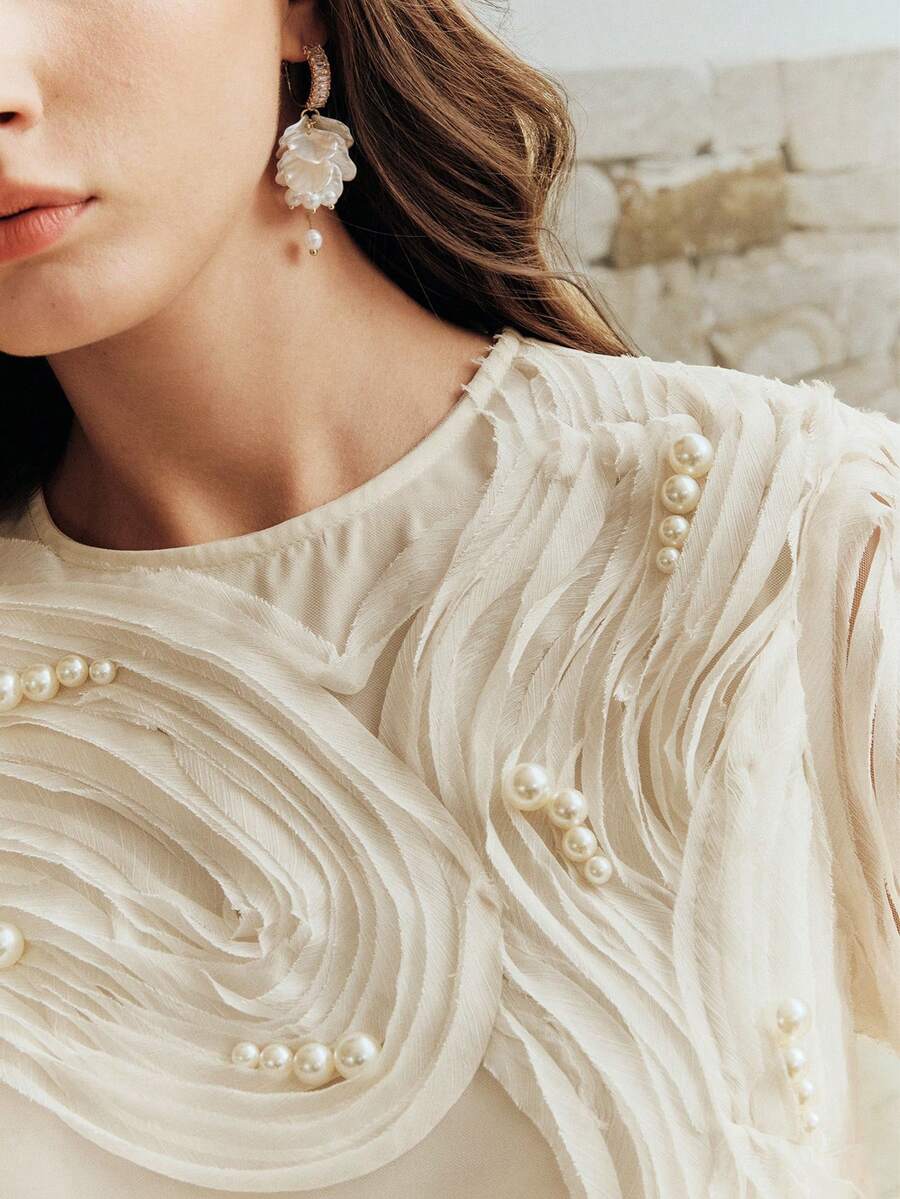 Áo thun ngắn tay cổ tròn thêu đính cườm thanh lịch Anewsta dành cho nữ, thích hợp cho kỳ nghỉ hè, đi biển, mặc thường ngày. - Màu be - Xem 1