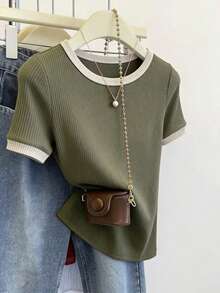 Elenzga 女士休闲拼接短袖T恤，日常百搭 - 彩色 - 查看 7