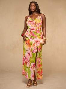 SHEIN BAE Vestido de mujer talla grande con cuello drapeado y abertura alta con estampado floral - Multicolor - Ver 4