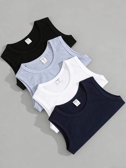 SHEIN 4pcs Tween Boys' Casual Comfortable Sleeveless Tops, Suitable For Spring/Summer, Versatile For Commuting, School, Leisure, Sports, Vacation