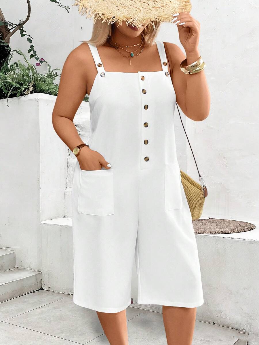 Breezaya Plus Size Casual Solid Color Jumpsuit With Dual Pockets - White - View 1
