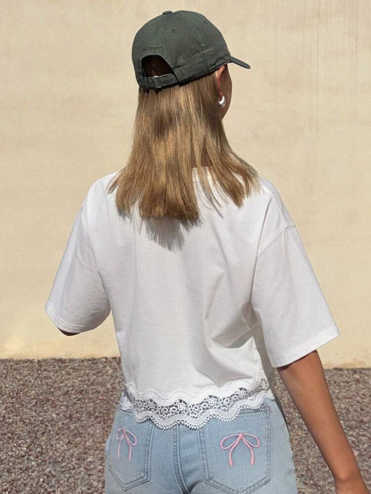 Women's Contrast Lace Casual Short Sleeve Round Neck Summer Top
