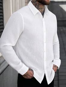 Manfinity CasualCool White Casual Linen Long Sleeve Shirt - White - View 5