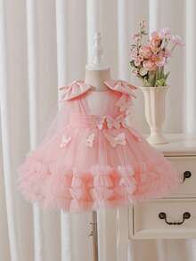 Glamorique Kids Elegantes Blumenmädchen-Kleid in zartem Rosa für Kleinkind Mädchen, süßer Tüll-Puffrock mit Schleife und Perlendekor, Schmetterlings-Ballkleid Prinzessin Hochzeit Geburtstag Sommer - Pink - Übersicht 4