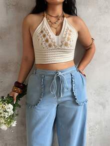 Sunnyshic Quần jeans ống rộng dáng suông thoải mái cho nữ cỡ lớn, thích hợp mặc hàng ngày đi làm, có thắt lưng và túi xếp ly. - Rửa nhẹ - Xem 6