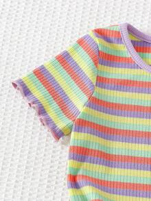 Genkimix Kids Young Girl' Cute Vacation Colorful Striped Purple Embroidered Rib Flare Pants Set - Baby Blue - View 5