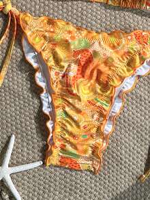 Swim Mod 2-Piece Floral Print Halter Neck Ruffle Trim Bikini Set, Swimwear For Womans Red Orange Summer Boho Beach Holiday Holiday Brazilian Bikini Set - Multicolor - View 6