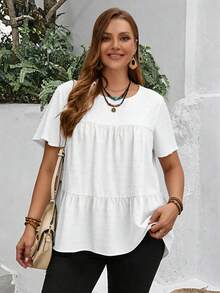 EMERY ROSE Blus Longgar Lengan Pendek Berkerut Leher Bulat Warna Polos untuk Wanita Ukuran Besar, Gaya Boho untuk Wanita/Musim Panas, Pakaian Barat Wanita, Pakaian Liburan Wanita - Putih - View 1