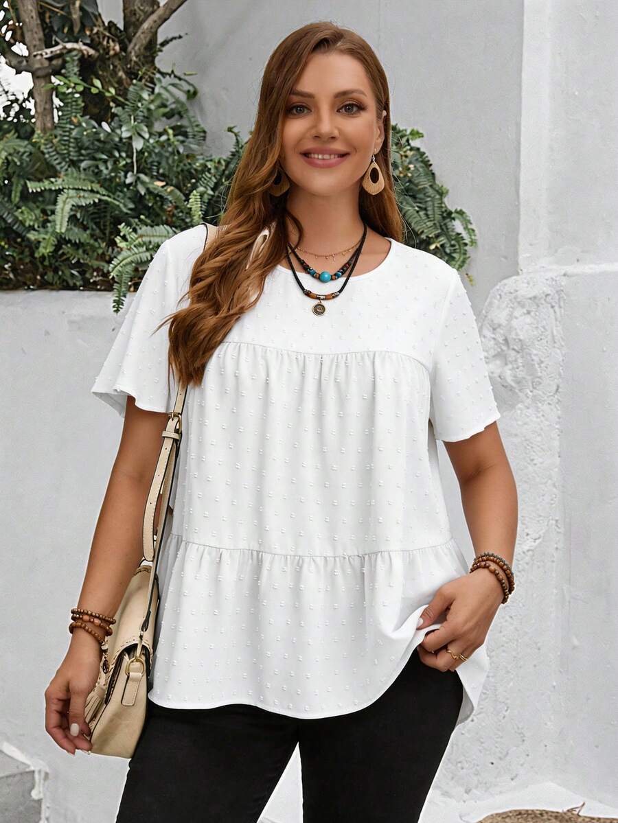 EMERY ROSE Blus Longgar Lengan Pendek Berkerut Leher Bulat Warna Polos untuk Wanita Ukuran Besar, Gaya Boho untuk Wanita/Musim Panas, Pakaian Barat Wanita, Pakaian Liburan Wanita - Putih - View 1