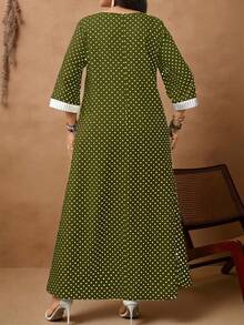 EMERY ROSE Đầm nữ cỡ lớn kiểu dáng thường ngày, cổ tròn, tay lửng 3/4, họa tiết chấm bi, kẻ caro và sọc, thích hợp cho kỳ nghỉ thu. - xanh quân đội - Xem 7