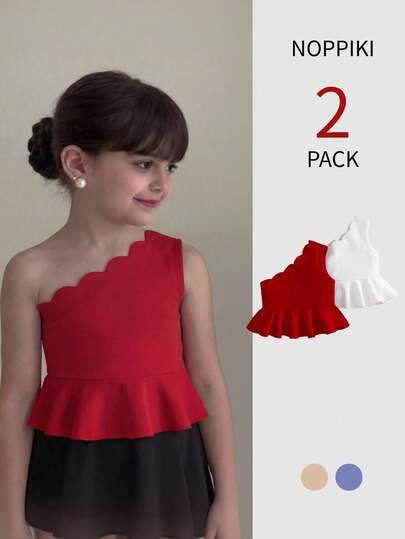 SHEIN Set de 2 blusas de punto de un solo hombro de unicolor para niña