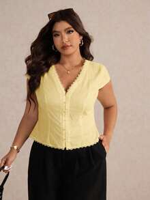 Elaquor Chemise polyvalente pour le port quotidien, col V, grande taille pour femmes - Jaune citron - Voir 6