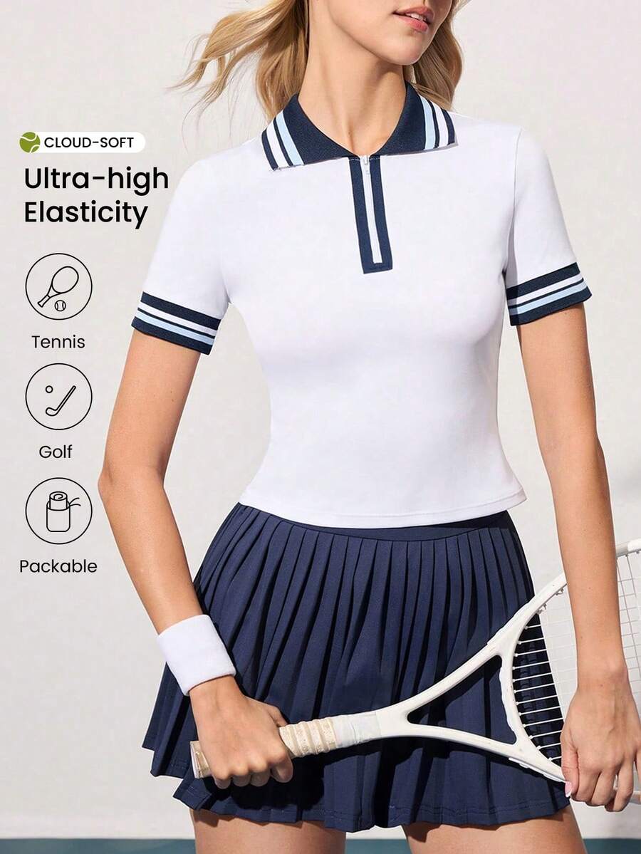 Gameset SHEIN Sport 女士撞色露肩短袖半拉链网球衫,夏季 - 彩色 - 查看 1