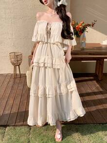 Joudiya Đầm trắng trơn dáng xòe mùa xuân hè, đầm chiffon dáng lệch vai bèo nhún, đầm midi rộng rãi, bồng bềnh cho nữ, kiểu boho trễ vai. - Màu be - Xem 11